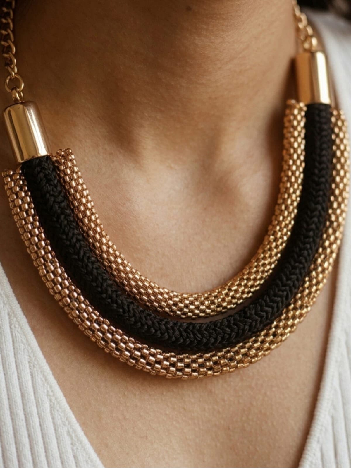 Braided Cord Gold Beaded Statement Necklace – Tathal